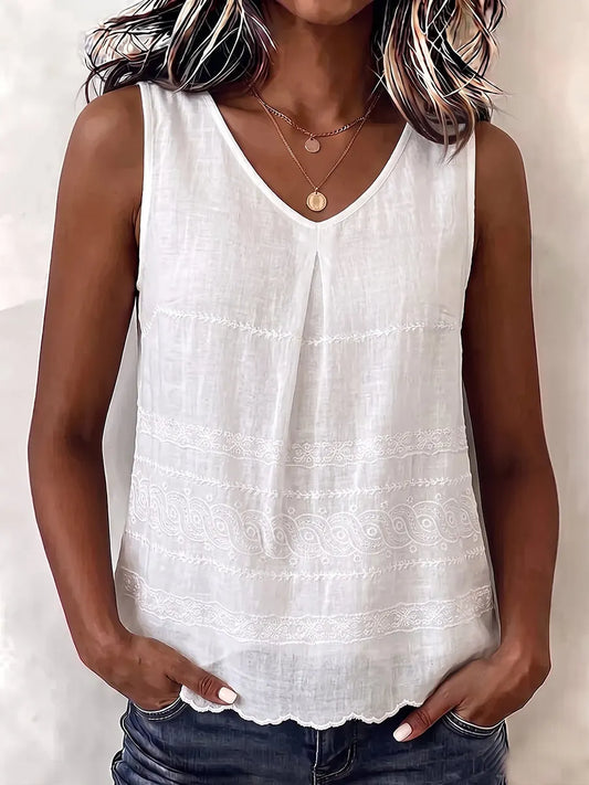 Vintage Floral Embroidered V-neck Cotton-linen Vest