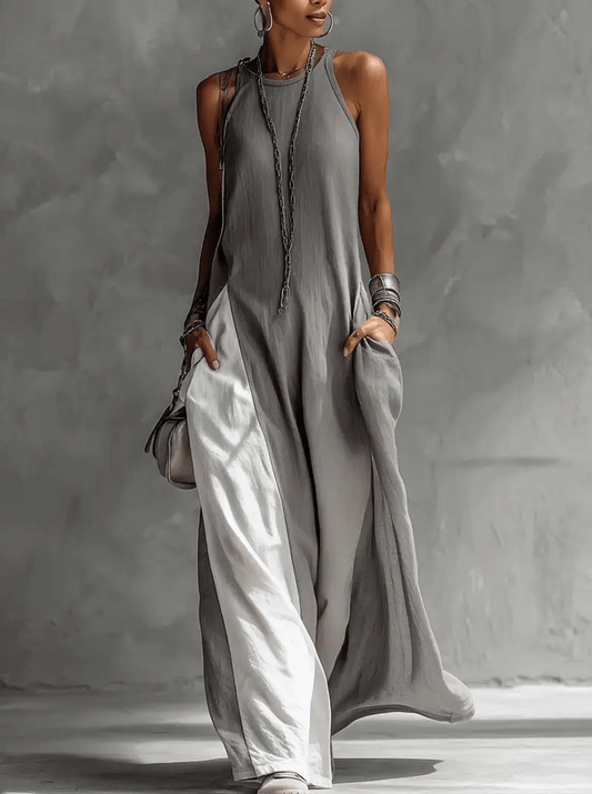 Gray and White Color-block Sleeveless Halter-neck Wide-leg Maxi Dress