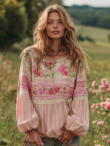 Women's Vintage Pink Rose And Striped Casual Linen Shirt