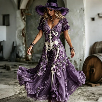 Women's Vintage Skull And Rose Embroidered Art V-neck Short Sleeve Maxi Dress
