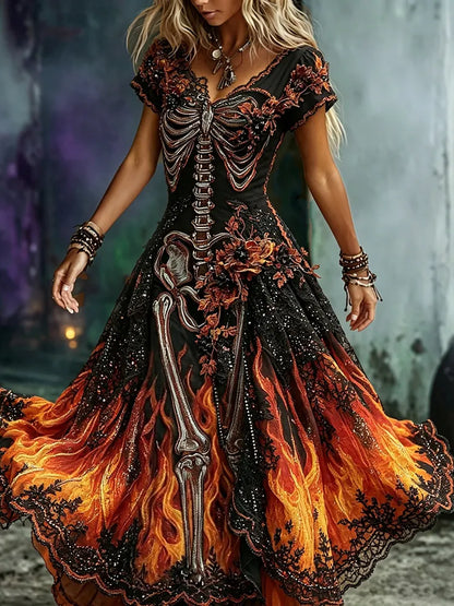 Halloween Witch Flame And Bone Art Casual Flowing Long Dress