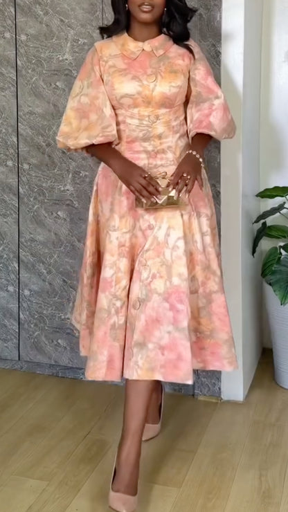 Pink Tie Dye Puff Sleeve Peter Pan Collar Button Front A-Line Midi Dress