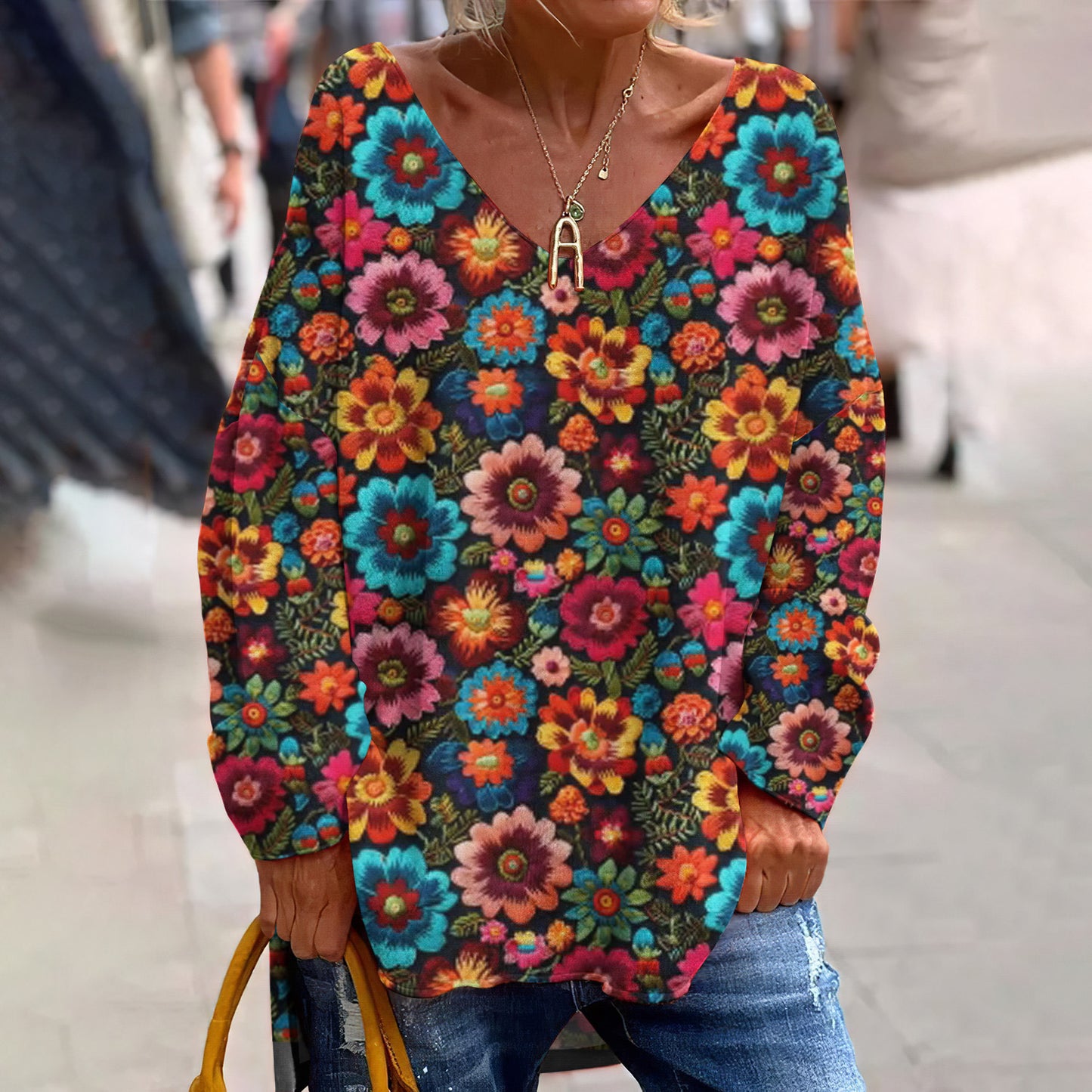 Classy Mexican Day Of The Dead Faux Embroidery Flowers Seamless Inspired Pattern Art Printed V-Neck T-Shirt