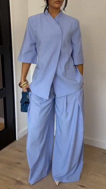 Pinstripe Stand Collar Blazer & Wide Leg Pants Co‑Ord Set