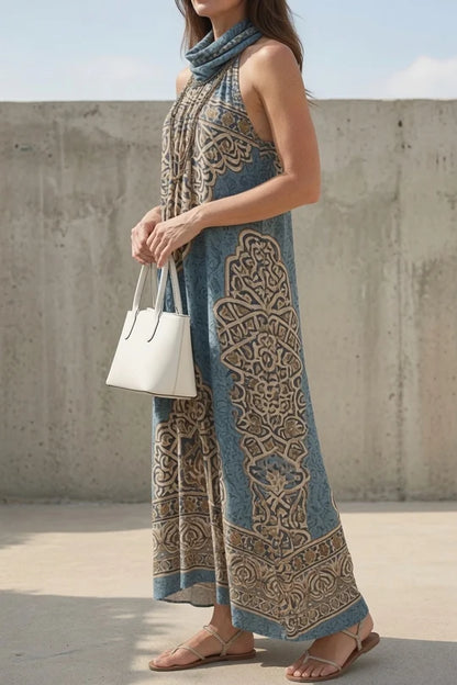 Halter Cowl Neck Boho Print Maxi Dress