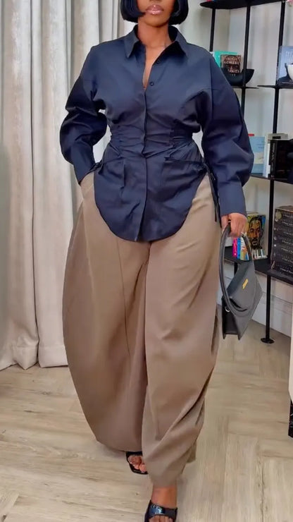 Black Corset Shirt & Beige Trouser Set