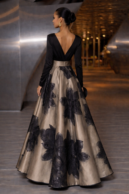 Black Champagne 3D Floral Print High Waist A-Line Maxi Dress