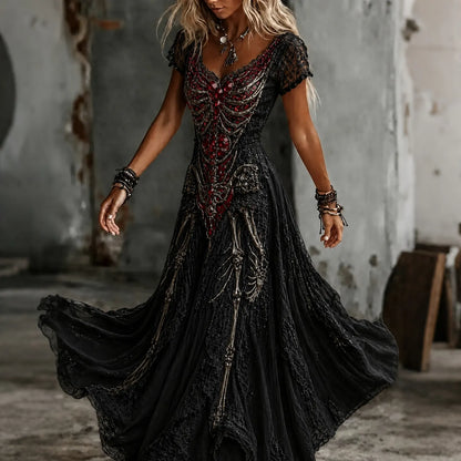 Women's Vintage Skeleton Diamonds Art V-neck Short Sleeve Maxi Dress