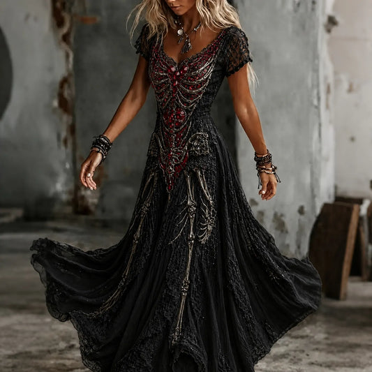 Women's Vintage Skeleton Diamonds Art V-neck Short Sleeve Maxi Dress