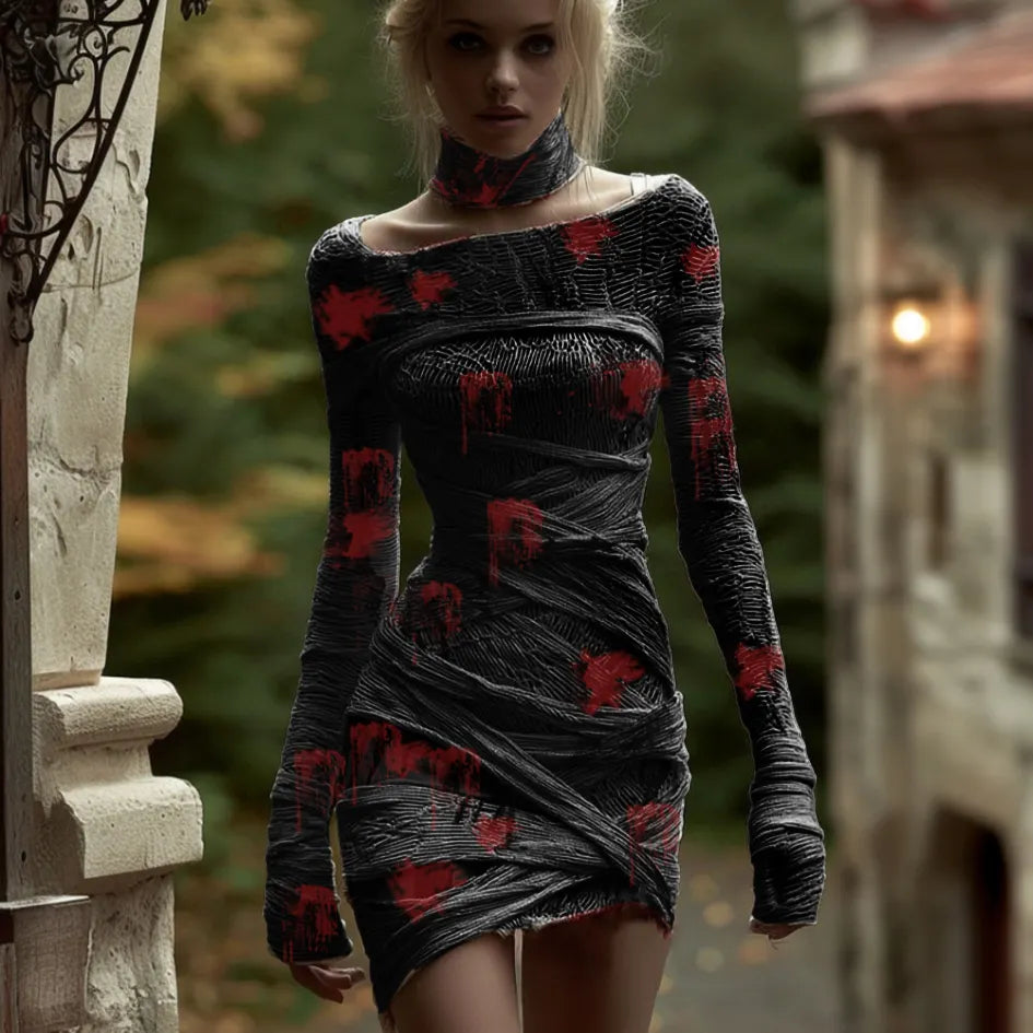 Women's Halloween Line Art Bandage Design Round Neck Knit Sweater Dress