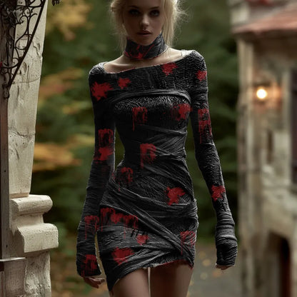 Women's Halloween Line Art Bandage Design Round Neck Knit Sweater Dress