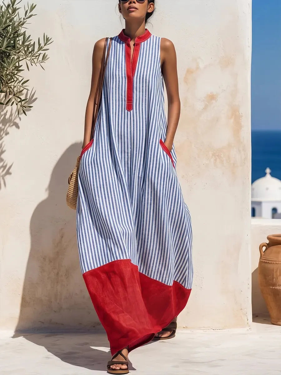 Vacation Chic Linen Striped Maxi Dress