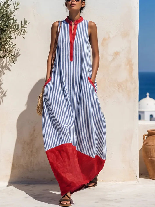 Vacation Chic Linen Striped Maxi Dress