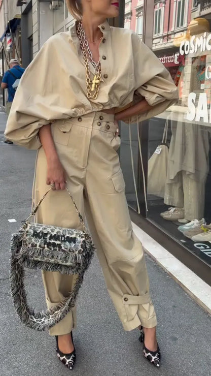 Beige Oversized Shirt High Waist Cargo Pants Two Piece Set