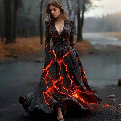 Women's Vintage Lava Texture Art Pattern V-neck Dress