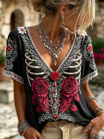 Women Retro Floral Embroidery V Neck Short Sleeve Casual Top
