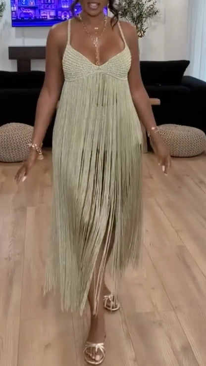 Gold Metallic Fringe Halter Neck Sleeveless Jumpsuit