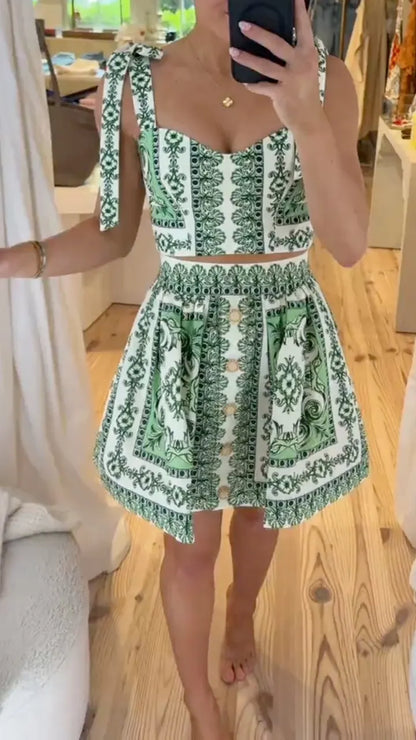 Green White Baroque Print 2 Piece Set