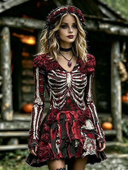 Halloween Gothic 3d Rose Dark Grunge Skeleton Distressed Mini Dress