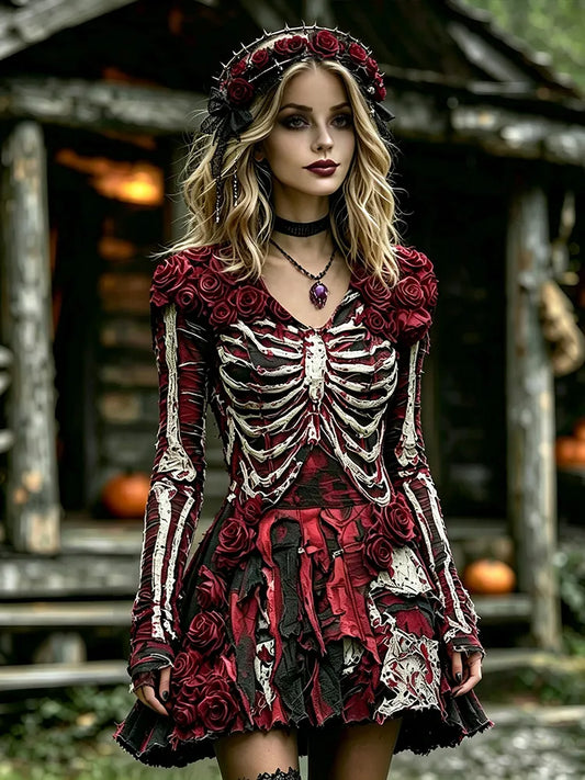 Halloween Gothic 3d Rose Dark Grunge Skeleton Distressed Mini Dress
