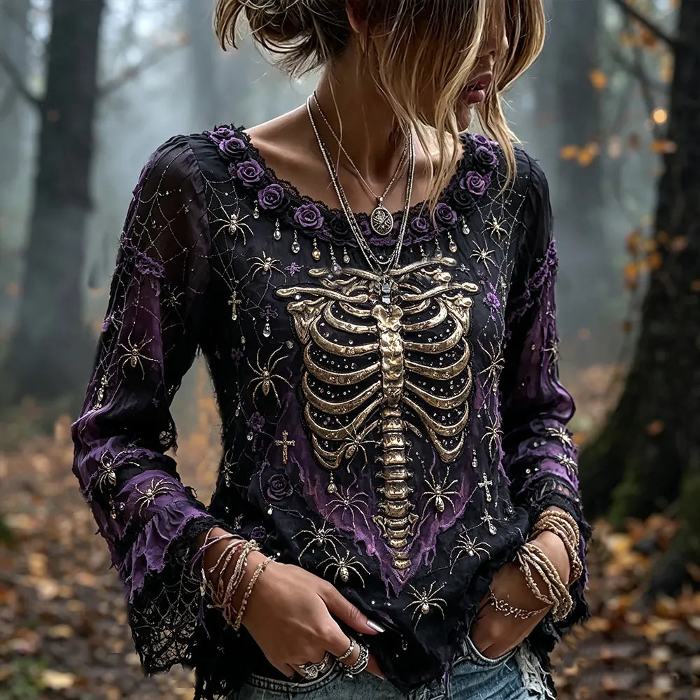 Vintage Halloween Skull And Spider Art Distressed Gradient Casual Linen Cotton Long Sleeve Top