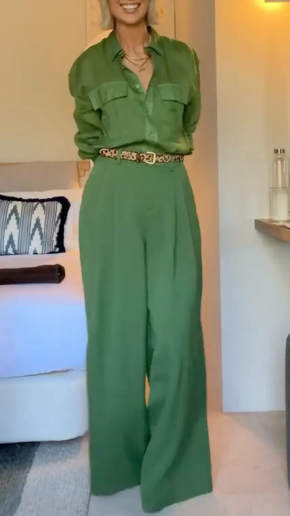 Green Linen Blend Button-Down Shirt & Wide Leg Pants Two-Piece Set