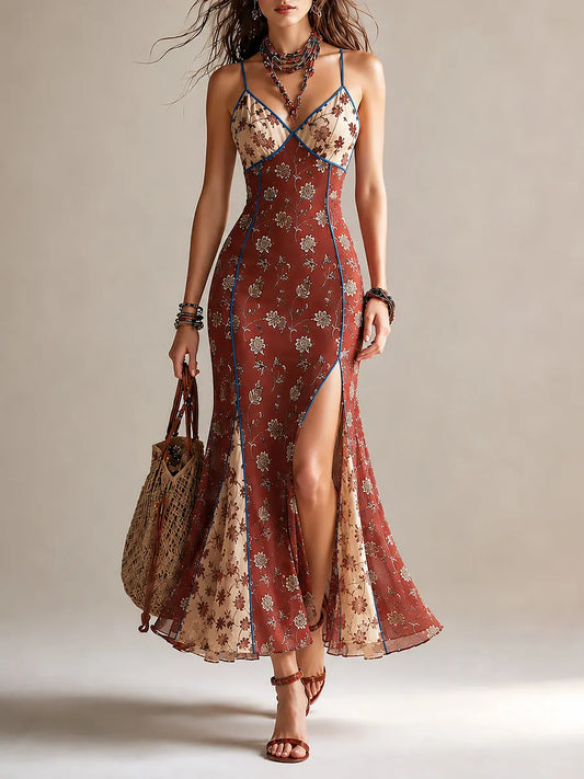 Rust-red Floral Print Chiffon High-slit Spaghetti Strap Maxi Dress