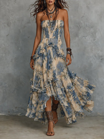 Elegant strapless printed chiffon maxi dress with  ruffles