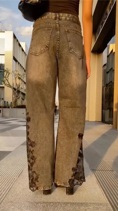 Vintage Washed Grey Floral Lace Slit Wide-Leg Jeans