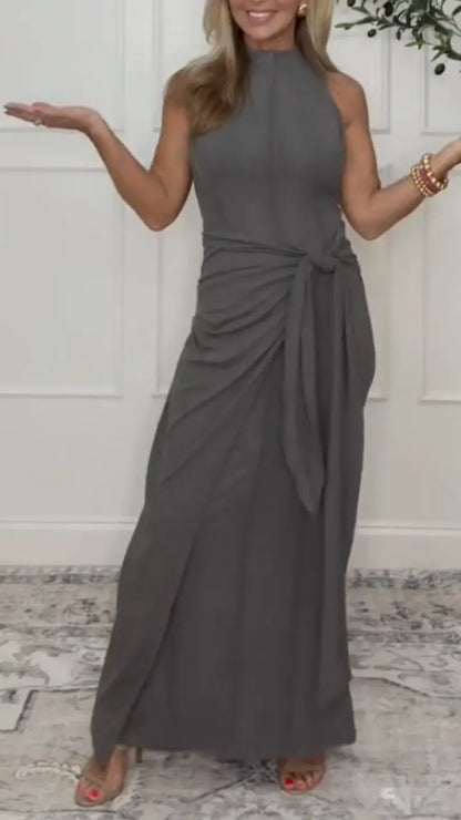 Grey Halter Neck Tie‑Waist Wrap Maxi Dress