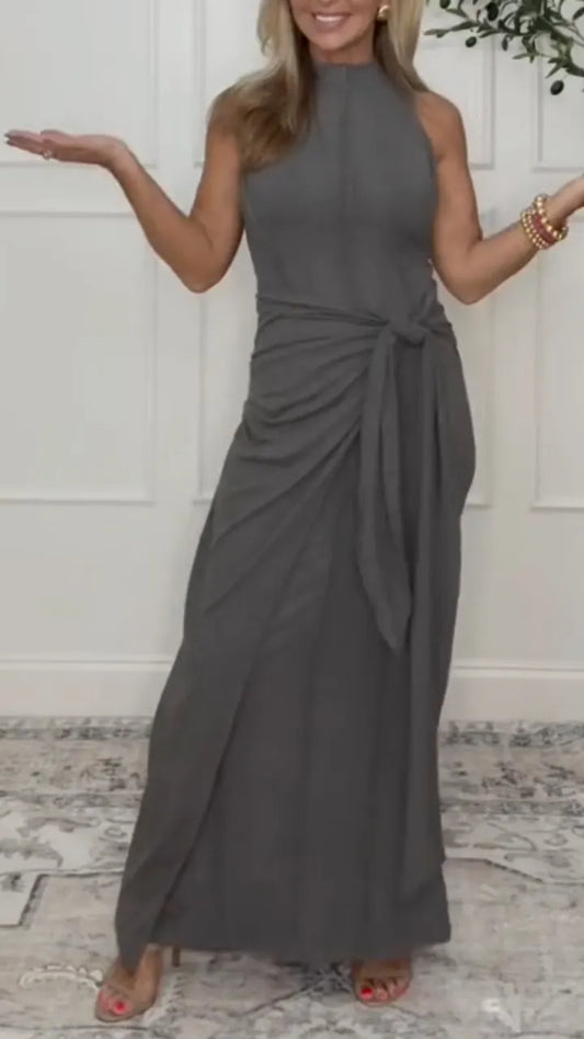 Grey Halter Neck Tie‑Waist Wrap Maxi Dress
