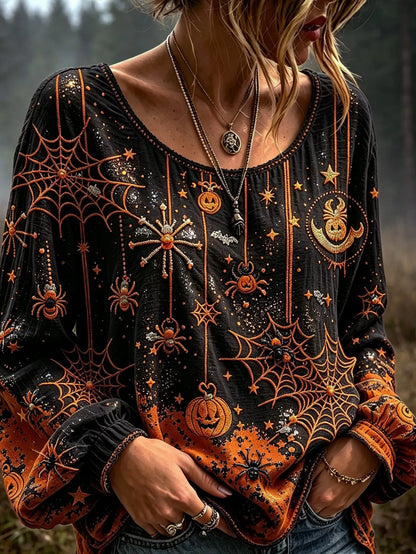 Women's Halloween-themed Spiderweb And Pumpkin Embroidered Print Top