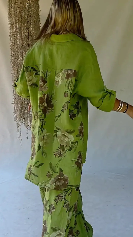 Green Oversized Linen Shirt & Floral Print Pants Co-Ord Set