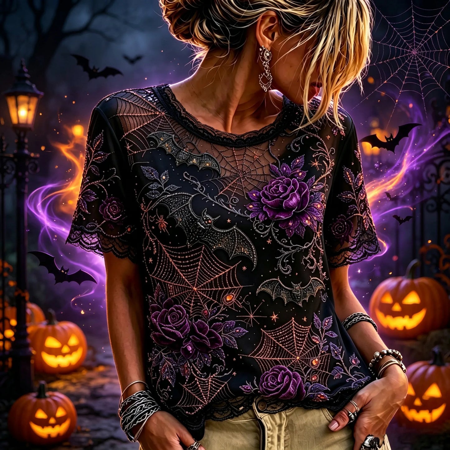 Women's Retro Halloween Bat Spider Web Floral Embroidered T-shirt