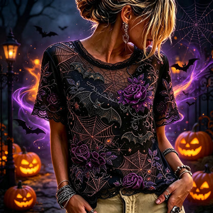 Women's Retro Halloween Bat Spider Web Floral Embroidered T-shirt