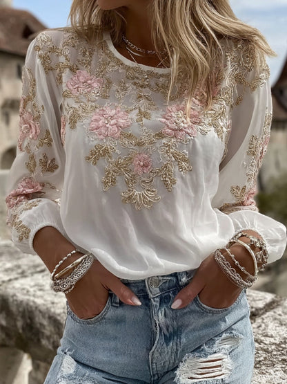 Women's Vintage Pink Flower Embroidery Art Print Round Neck T-shirt