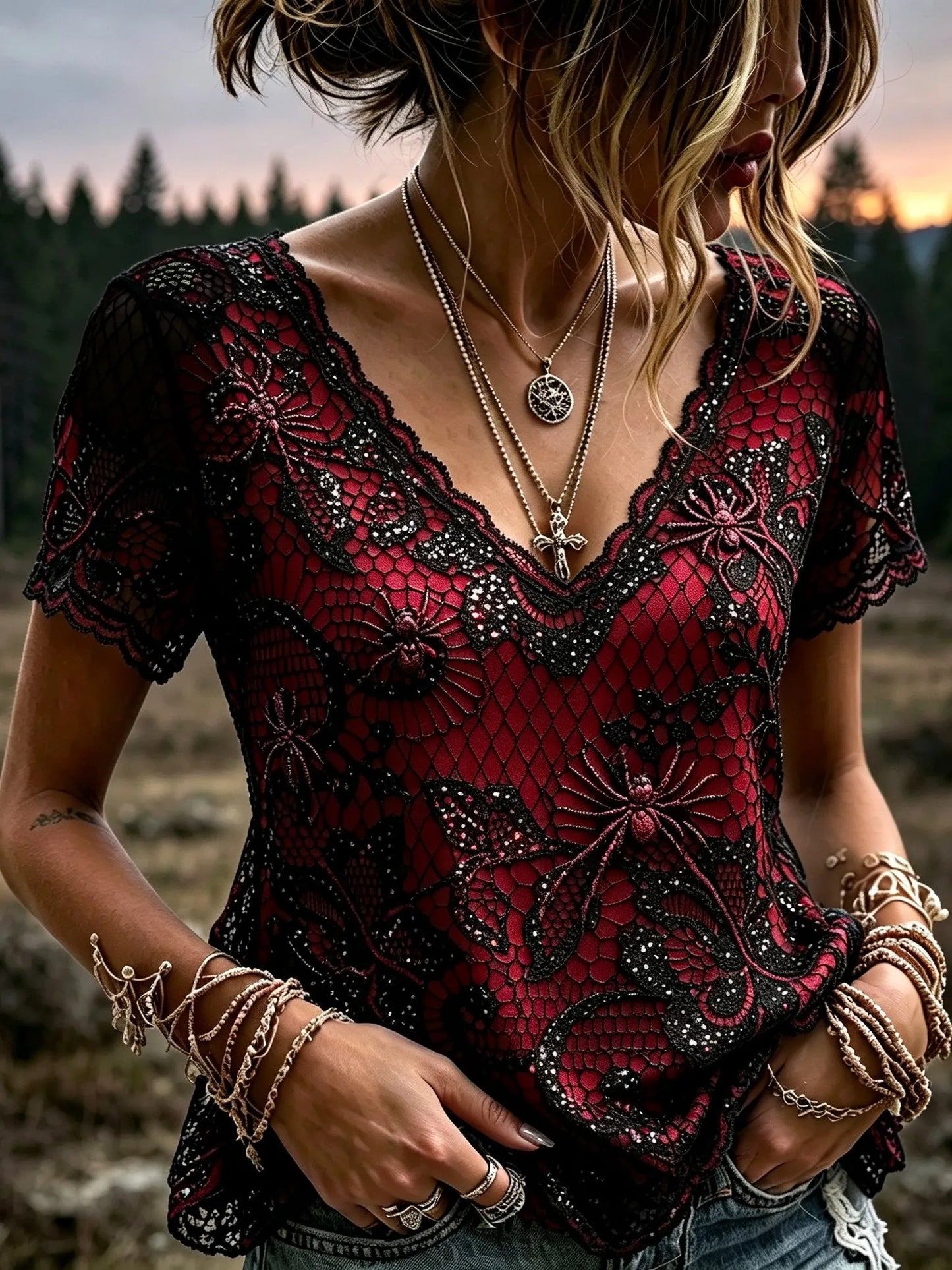 Women's Retro Gothic Spiderweb Lace Print Short-sleeve Top