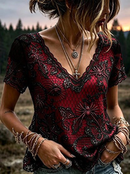 Women's Retro Gothic Spiderweb Lace Print Short-sleeve Top