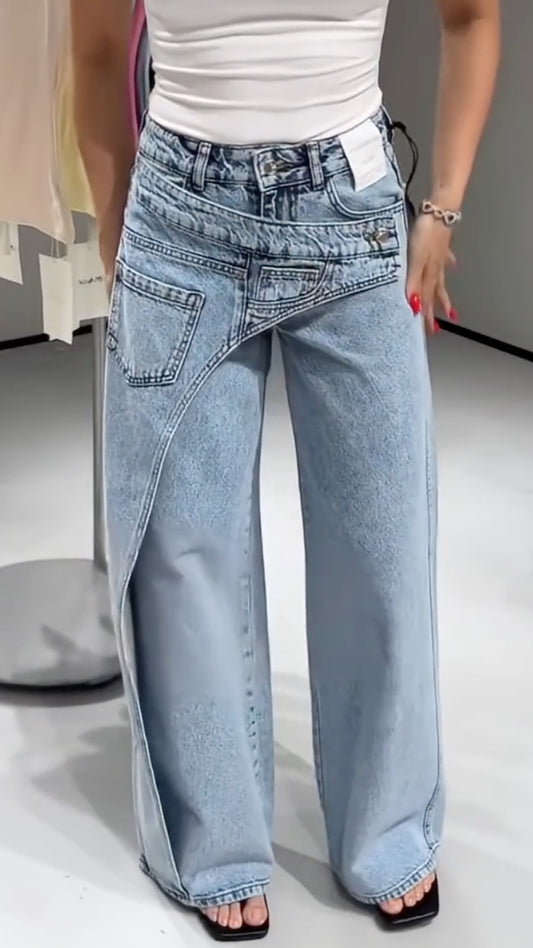 Women's Faux Two-Piece Design Casual Jeans