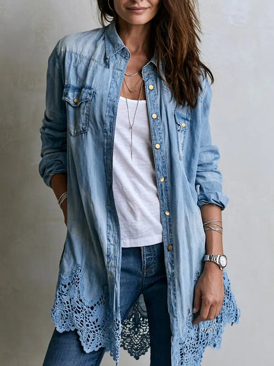 Women's Longline Lace-Trim Denim Shirt
