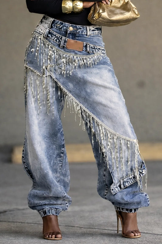 Rhinestone Fringe Double Waistband Wide Leg Denim Jeans