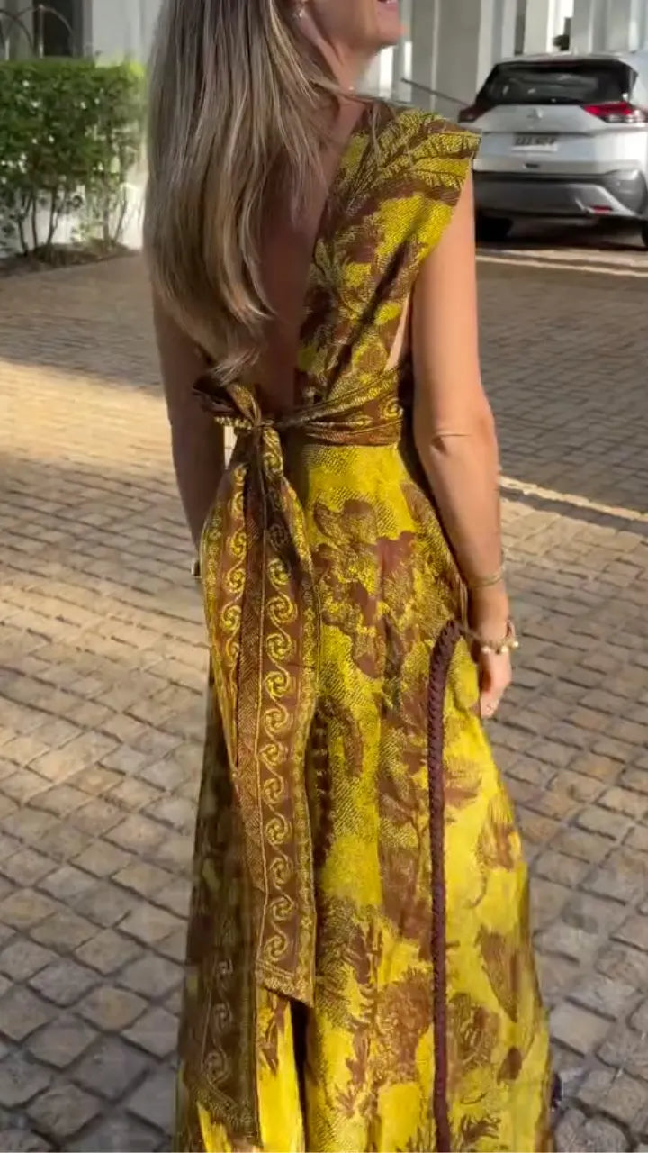 Sleeveless V Neck Flowy A-Line Long Dress