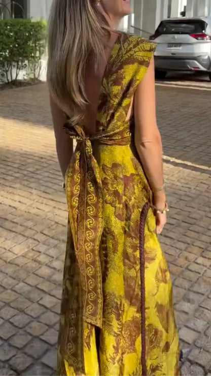 Sleeveless V Neck Flowy A-Line Long Dress