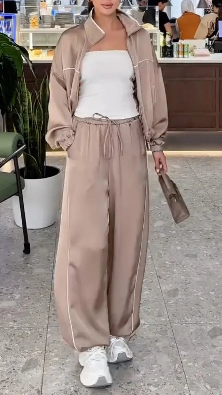 Khaki Satin Casual Sportswear 2-Piece Set