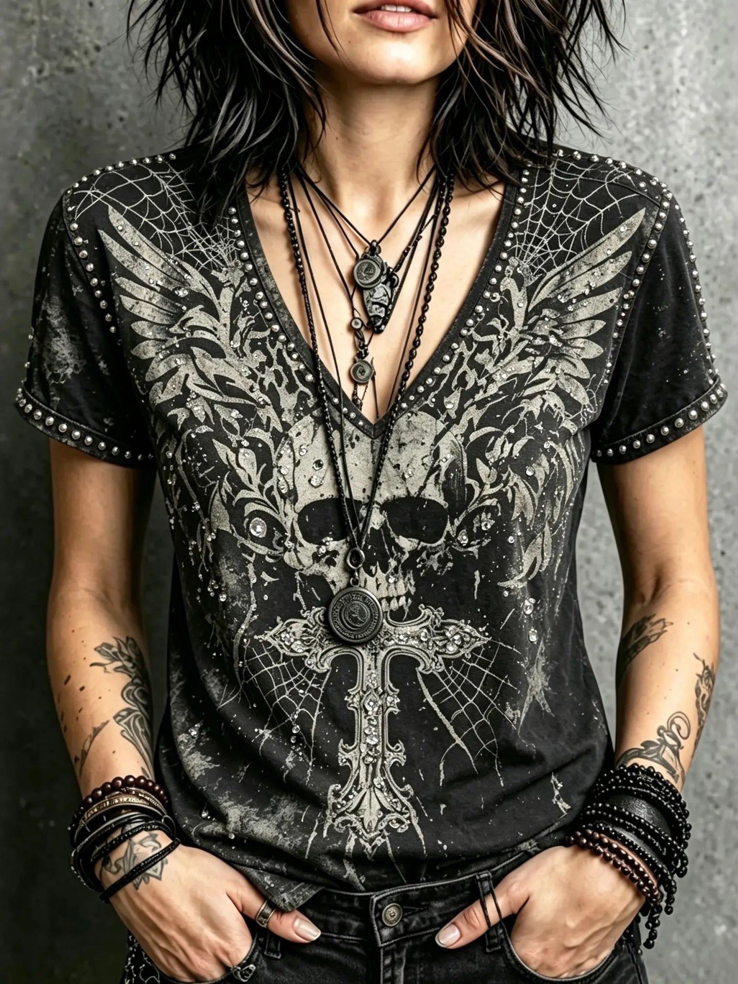 Women's Dark Style Skull Wings Spider Web Design Short-sleeve V-neck T-shirt