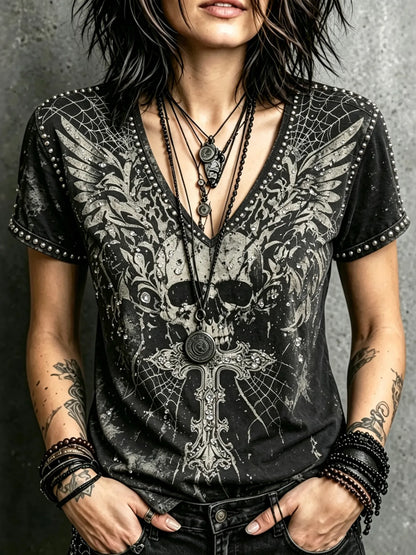 Women's Dark Style Skull Wings Spider Web Design Short-sleeve V-neck T-shirt