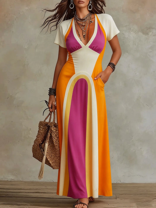 Women's Color Block V-neck Short Sleeve Stretchy Maxi Dress With Pockets
