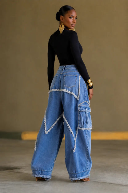 Fringe Rhinestone Star Cargo Wide Leg Jeans