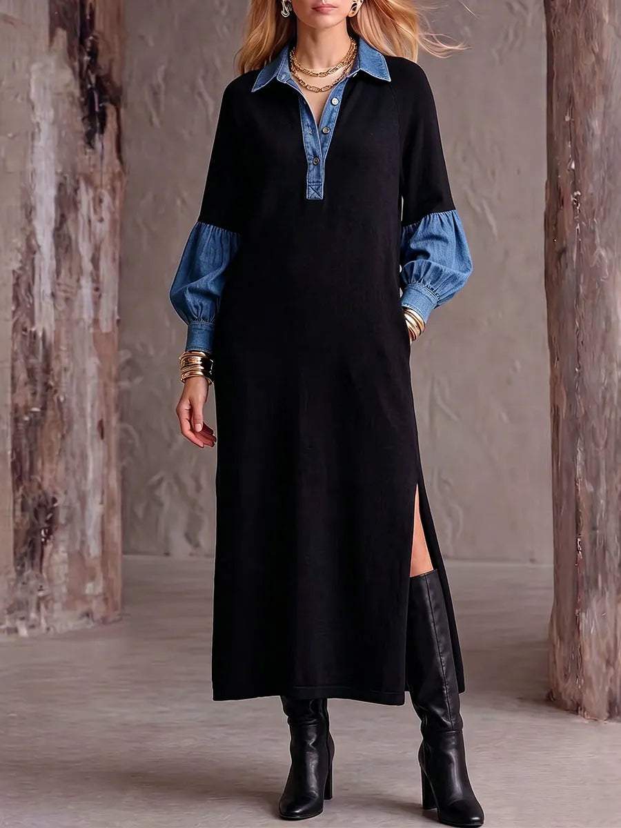 Women's Long-sleeve Casual Loose-fit Color-block Patchwork Dress With Collar