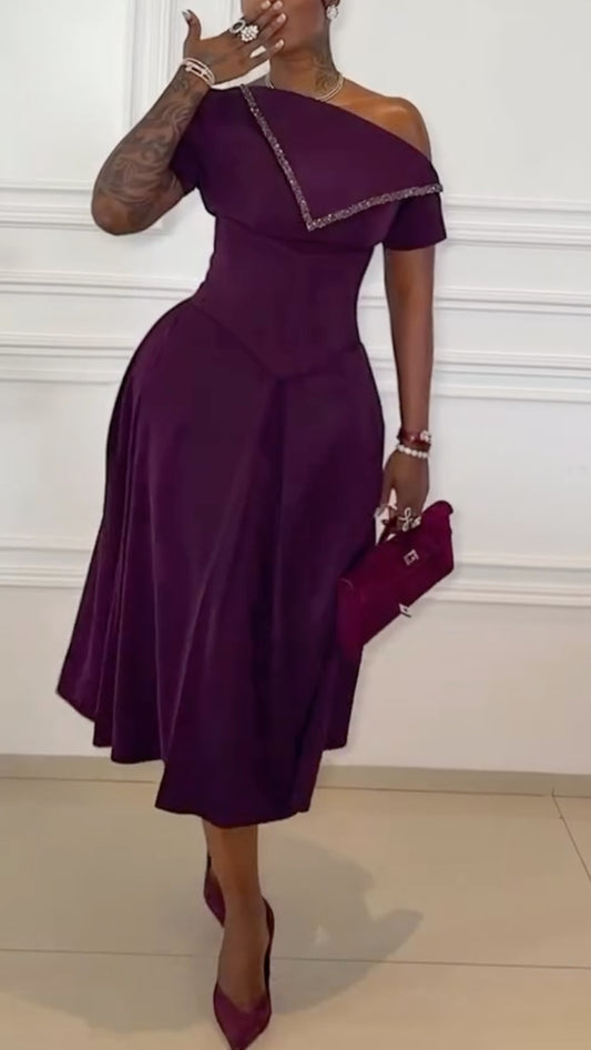 Deep Purple Off-the-Shoulder Midi Dress